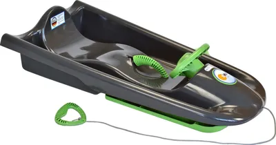 A dark gray plastic sled with green accents and a pull rope, shown on a white background.