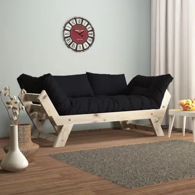 Image de Canapé de jardin 2 places en bois de pin et lin naturel et noir - L 180 à 210 × P 75 cm - Imperméable
