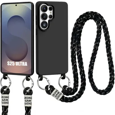Image de Coque pour Samsung Galaxy S25 Ultra, Protection Silicone Souple Anti-Rayures avec Cordon Noir