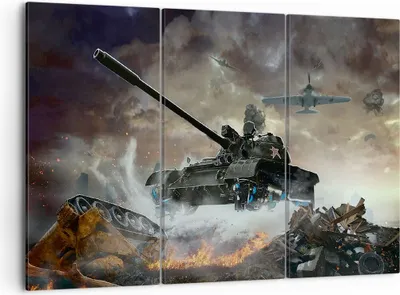 Produktbild von Bild auf Leinwand - Leinwandbild - Krieg Panzer Airplain Schlacht - 105x70cm - Wand Bild - Wanddeko - Leinwanddruck - Bilder - Kunstdruck - Wanddekoration - Leinwand bilder - Wandkunst - CE105x70-2936