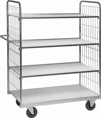 Produktbild von Kongamek Bordwagen verzinkt mit 4 laminierten Böden 1600x600mm vergitterte Stirnwände mit Bremse