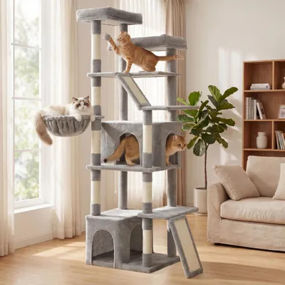Produktbild von FEANDREA Kletterbaum für Katzen, extra groß, stabiler Katzenkratzbaum mit Kratzsäulen, Plüsch, für große Katzen, taubengrau