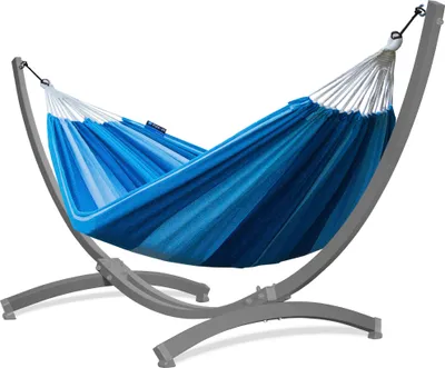 Produktbild von Potenza Outdoor Hängematte mit Tytan Gestell für 2 Personen I Baumwolle Doppelhängematte XXL 220x160, 200kg I Grau Hängemattengestell 350 kg, wetterfest