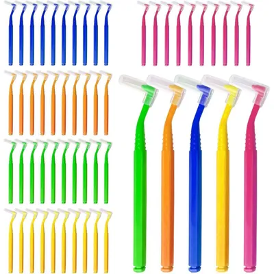 Productafbeelding van 50 stuks interdentale borsteltjes, tandenreiniging, L-vormige borstels, 5 kleuren