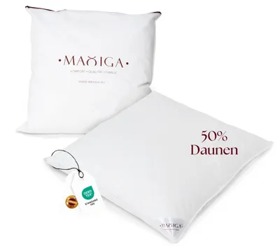 Produktbild von Maxiga Daunenkissen 50x50 cm | 50 % Gänsedaunen und 50 % kleine Federn | Füllgewicht 800g | Für Allergiker geeignet | -Zertifikat Klasse 1