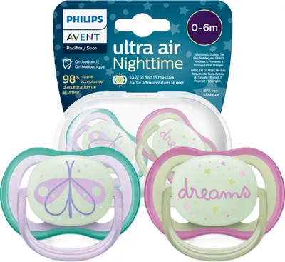 Produktbild von Philips Avent Schnuller Ultra Air - 2x Leichte, luftdurchlssige, im Dunkeln leuchtende Schnuller fr 0-6 Monate ohne Bisphenol A, inkl. Sterilisatoretui (Modell SCF376/19)