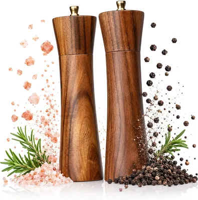 Produktbild von Set aus Akazienholz mit Salz- und Pfeffermühlen, 2 Gewürzmühlen mit stufenlos verstellbarem Keramikmahlwerk
