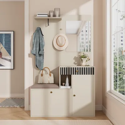 Produktbild von Merax Garderoben-Set 110x185,5x37 cm, Flurgarderobe mit Spiegel, Sitzbank und Soft-Close Türen, Schuhschrank mit Schubladen und Haken, MDF Beige
