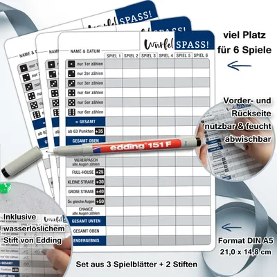 Produktbild von Würfelspiel abwischbar inkl. Stifte - 3x DIN A5 Blätter wiederverwendbar mit 2 Stiften | Für Senioren extra große Schrift / Zahlen | Seniorenspiele auch für Kinder & Familie