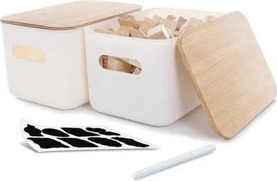 Zdjęcie produktu dla Bambusowe pudełko do przechowywania z pokrywką – 2 sztuki plastikowych koszyków do przechowywania do kuchni i sypialni – 26 x 17,8 x 15,5 cm