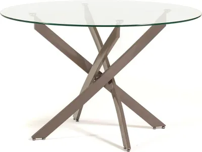 Produktbild von Runder Tisch Ø120 cm mit gehärteter Glasplatte und Metallbeinen – modernes, lichtvolles und elegantes Design für Küche, Esszimmer, Wohnzimmer und Büro – KASPER – Transparent/Turteltaube
