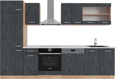 Produktbild von Küchenzeile Vicco R-Line Schwarz Beton/Goldkraft Eiche 300 cm AP Marmor, Model 47371