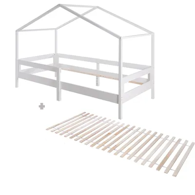 Produktbild von roba Hausbett 90 x 200 cm - Kinderbett nach dem Montessori Prinzip - Inklusive Lattenrost sowie integriertem Rausfallschutz - Holz weiß lackiert