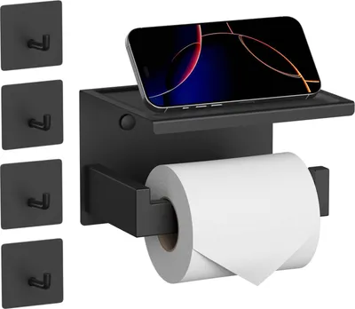 Produktbild von Wandmontierte Toilettenpapierhalter mit Handyablage - Edelstahl - Matt Schwarz - Ohne Bohren
