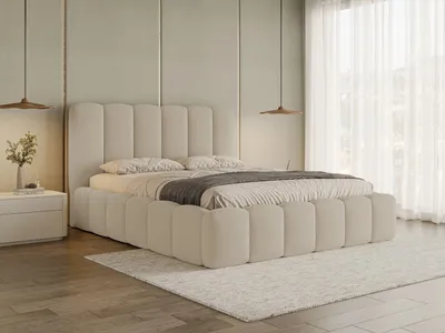 Obrázek produktu pro Chilly Möbel Design Postel Stone Slim - Manželská postel s úložným prostorem, roštem a čelem 160x200 cm / Kovový rám / Bouclé / Tmavě béžová