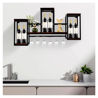 Produktbild von Wandmontage Weinregal Esszimmer Restaurant Bar Metall+Holz Vintage Flaschenregal Wand W/Glashalter Mit Langlebiges Material 106x20x41,5 cm Für Restaurants Bars Und Privathaushalte