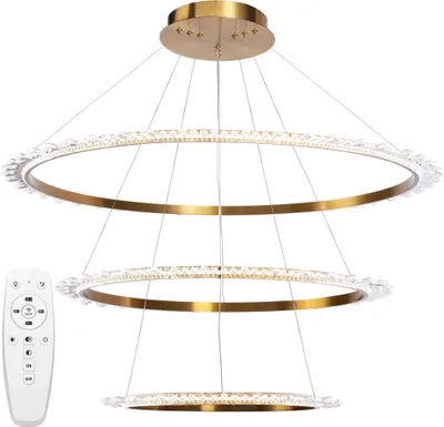 A multi-tiered gold chandelier with crystal accents, shown against a white background. A remote control is visible to the left.