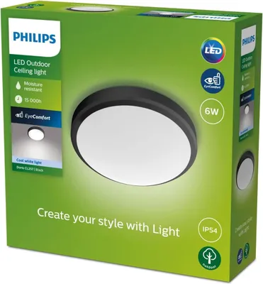 Obrázek produktu pro Philips Stropní svítidlo Doris 6 W, Černá, Kov, Plast, IP54, Terasa, Zahrada, I, Současné