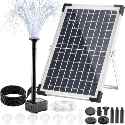 Produktbild von Solarbetriebene Teichpumpe 12W, DIY-Brunnen mit 9 Sprühdüsen und 1 Meter Schlauch für Garten, Fischteiche, kleine Teiche und dekorative Wasserfälle