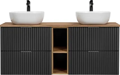 Produktbild von Doppelwaschtisch 140cm mit Waschbecken in ADELAIDE-56-BLACK in matt schwarz mit Eiche Nb., Rillenoptik, B/H/T 140,6/73,7/46,5 cm