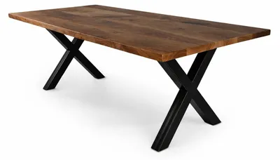 Image de Table à manger en noyer avec bordure naturelle et élégants pieds métalliques en X