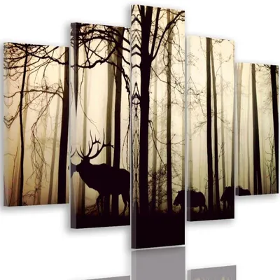 Produktbild von 5-teiliges leinwandbild hirsche im wald 150x100 cm Feeby braun wandbild bereit zum aufhängen