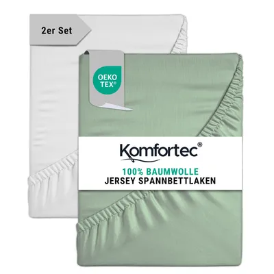 Produktbild von Komfortec 2er Pack Jersey Spannbettlaken 180x200 cm, 100% Baumwolle, Doppelpack Spannbettuch, Grün&Weiß