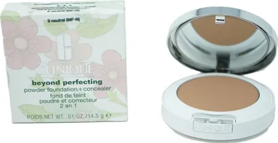 A collage showing the packaging and the open compact of a Clinique powder foundation.