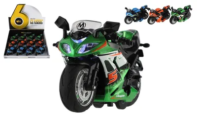 Obrázok produktu pre Motorka závodný kov/plast na spätné natiahnutie 12cm na batérie so svetlom, zvukom - mix farieb