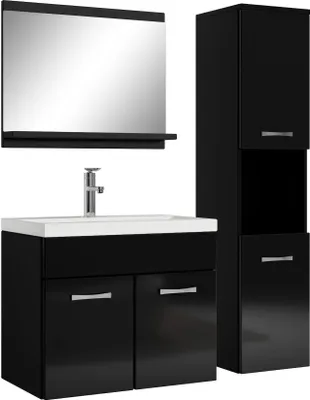 Immagine prodotto di Badplaats Set completo di mobili da bagno Montreal 60 x 35 cm nero lucido - Mobili da bagno con lavabo, specchio e armadio da bagno