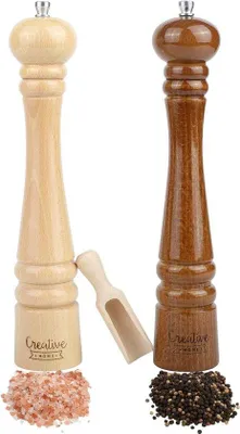 Produktbild von Große Pfeffer- und Salzmühle aus Holz – Set mit 2 Mahlwerken – Mini-Holzlöffel – 315 cm hoch – Naturbelassenes Buchenholz – Manueller Mahlmechanismus