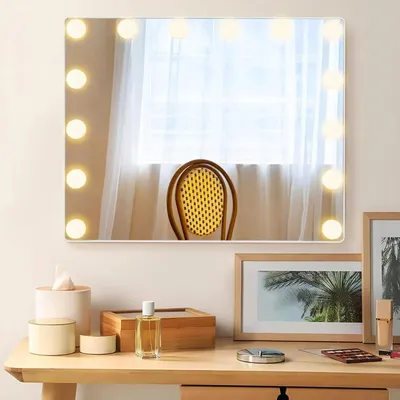 Image de Miroir de maquillage Hollywood - Miroir cosmétique - Miroir de table et mural - Avec 14 lumières LED à intensité variable - Support métallique - Blanc