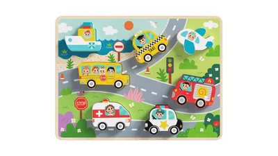 Produktbild von Tooky Toy Montessori Holzpuzzle Fahrzeuge Autos Flugzeug Schiff Stadt Match Formen