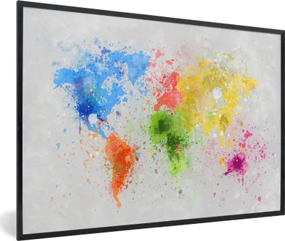 Produktbild von MuchoWow® Gerahmtes Poster Weltkarte - Abstrakt - Malen - Kinder - Jungen - Mädchen 90x60 cm - Poster mit Schwarzem Bilderrahmen Wandposter Rahmen Foto Bilder - Fotorahmen - Foto-Plakat