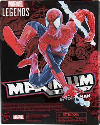 The image shows the packaging of a Marvel Legends Spider-Man action figure. The packaging features a dynamic illustration of Spider-Man in action against a comic book-style background.