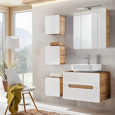 Produktbild von Badezimmermöbel Set in Hochglanz weiß mit Wotan Eiche Nb. LUTON-56 mit LED-Spiegelschrank, B/H/T ca. 130/200/46 cm