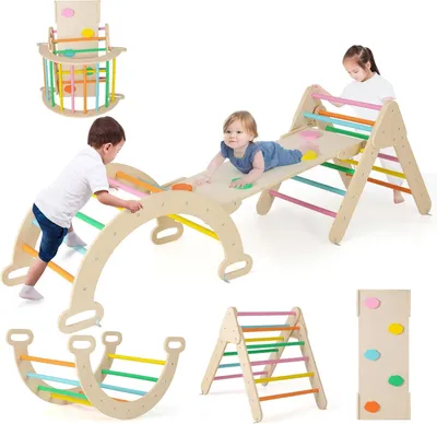 Image de Structure d'escalade en bois 4-en-1 avec toboggan, rampe double face, arche d'escalade, 1 pièce, pour enfants
