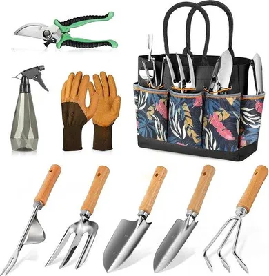 Immagine prodotto di Set di attrezzi da giardino: set di 9 pezzi per lavori di giardinaggio (B Nero)