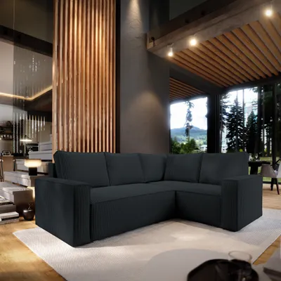 Produktbild von Masseno Ecksofa ESTANO R-S mit Schlaffunktion L-Form, Sofa mit Bettkasten, Wohnzimmersofa, Couch, Soffa, Bettsofa, Couchgarnitur- Schwarz, POSO 135