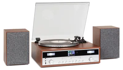 Zdjęcie produktu dla Auna Wieża Hi-Fi, Birmingham: gramofon z internetem/DAB+/FM, 2 głośniki 50 W, Bluetooth, CD, USB, AUX, napęd paskowy 33/45 obr./min, jasnobrązowa.