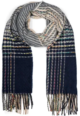 Produktbild von styleBREAKER Damen Feinstrick Schal mit bunt gestreiftem Zick-Zack Muster und Fransen, warme Winter Stola mehrfarbig 01017149