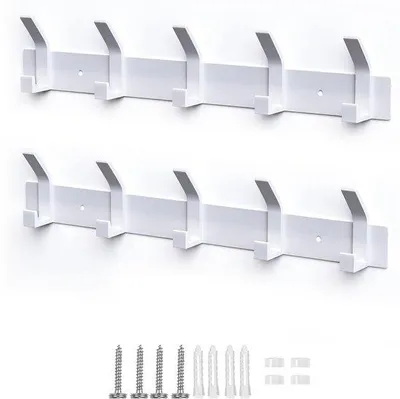 Immagine prodotto di Supporti da parete in metallo, set da 2, montaggio a parete, ganci per cappotti, sciarpe, cappelli (5 ganci, bianco)