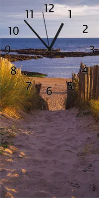 Produktbild von Wallario Design Wanduhr bedruckt, Größe 30 x 60 cm, Motiv: Weg durch die Dünen zum Meer an der Küste