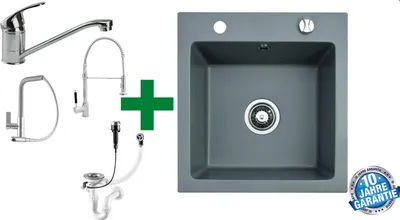 Produktbild von [Granitspüle 48x50 Grau +Armatur] Hochwertig beidseitig Montierbar Küchenspüle Eckig Einbaugranitspüle Granit Spülbecken f. Unterschränke ab 45 cm inkl. Siphon Set, Armatur:Spiral
