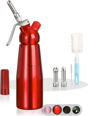 Produktbild von Famanu Cremespender mit 3 Edelstahl-Düsen + 2 Reinigungsbürsten - professioneller Aluminium Sahnespender (500 ml)