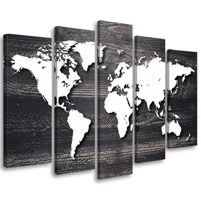 Produktbild von 5-teiliges leinwandbild vintage weltkarte 150x100 cm Feeby grau wandbild bereit zum aufhängen