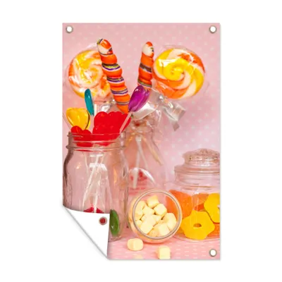 Obrázek produktu pro MuchoWow® Zahradní plakáty - Skleněné nádoby s barevnými sladkostmi - 120x80 cm - Zahradní dekorace