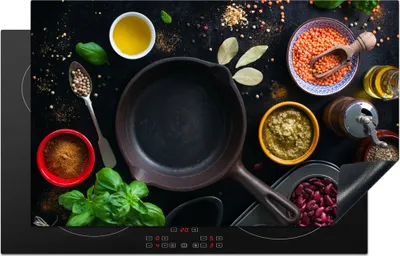 Produktbild von KitchenYeah© Herdabdeckplatte Kräuter - Gemüse - Pfanne , 85x52cm, Küche Deko, Glaskeramikkochfeld Herdabdeckung, Abdeckplatte fùr Kochfeld