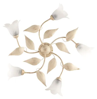 Image de Plafonnier Olga Fer Ivoire, Déco Or Antique, Verre Albâtre D.14, 5 Lumières D.70 Cm Look Classique Raffiné