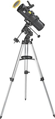 A telescope on a tripod against a white background.